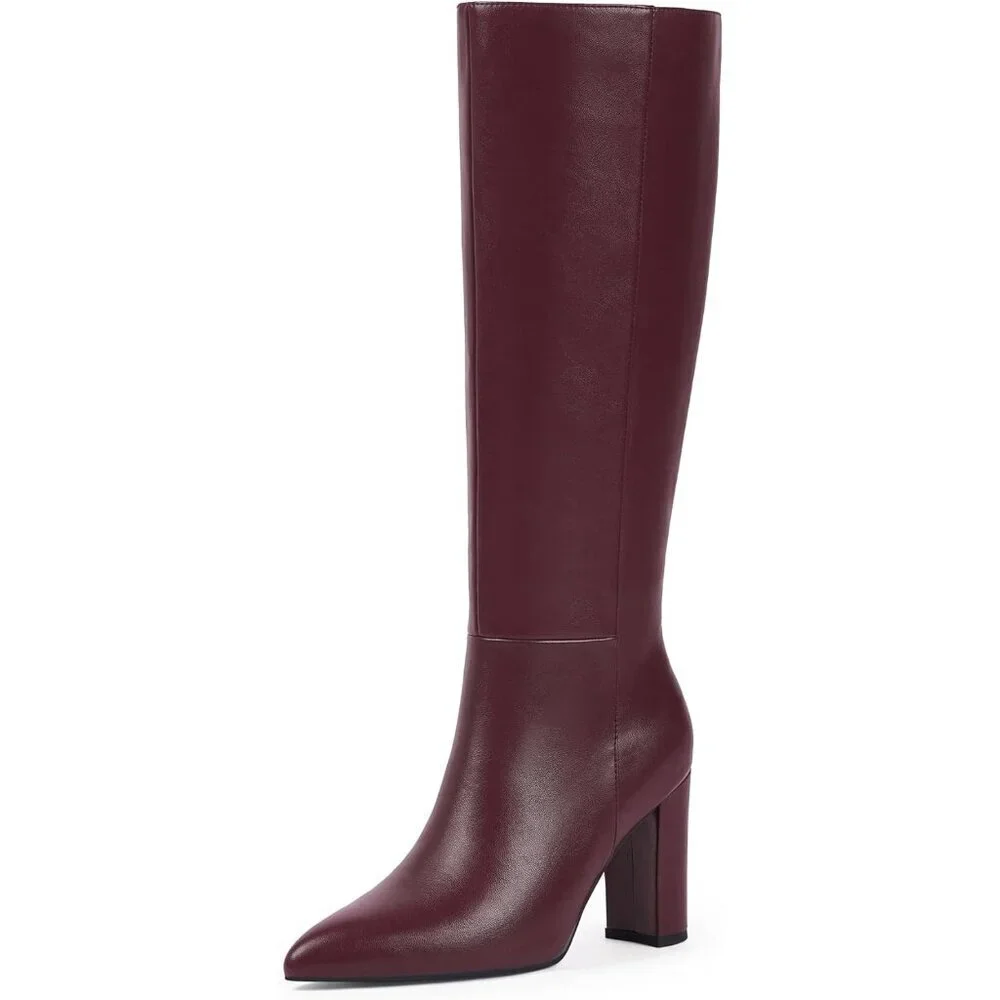 Women's  A-burgundy Tall Long Calf High Chunky Faux Crocodile Knee High Boots